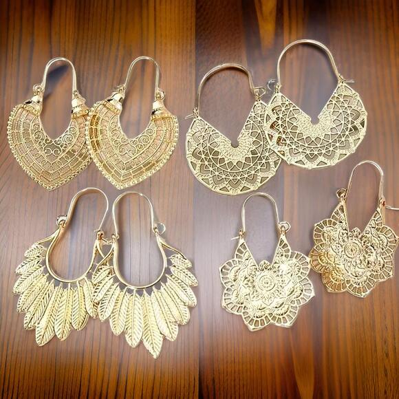 4 Pcs New‎ Gold Native Boho Aztec Patina Earrings Hoop Tribal Ornate Rustic - Picture 1 of 5